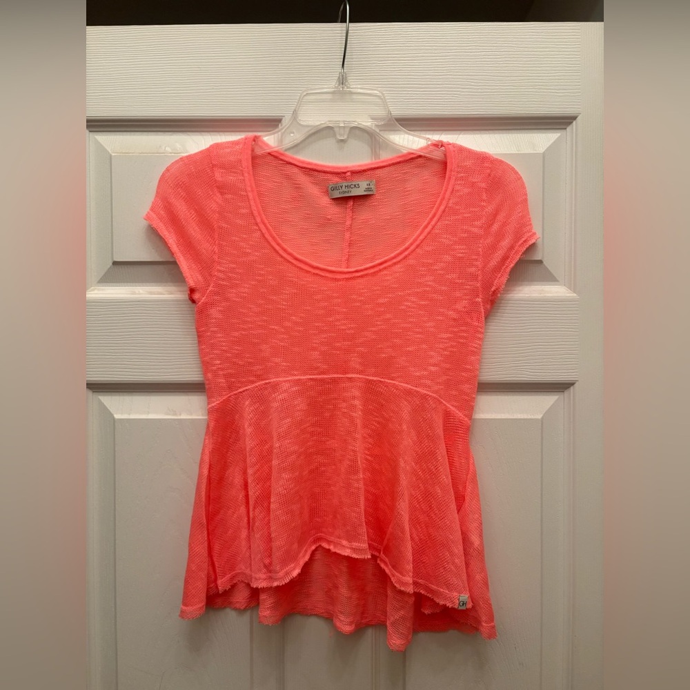 Y2K GILLY HICKS KNIT SHEER FLOWY BABYDOLL SHORT SLEEVE TOP SWEATER CORAL PINK XS